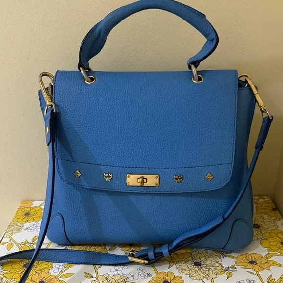 MCM Sky Blue Leather Authentic MCM Shoulder Bag MCM Crossbody MCM Handbag - Picture 15 of 16